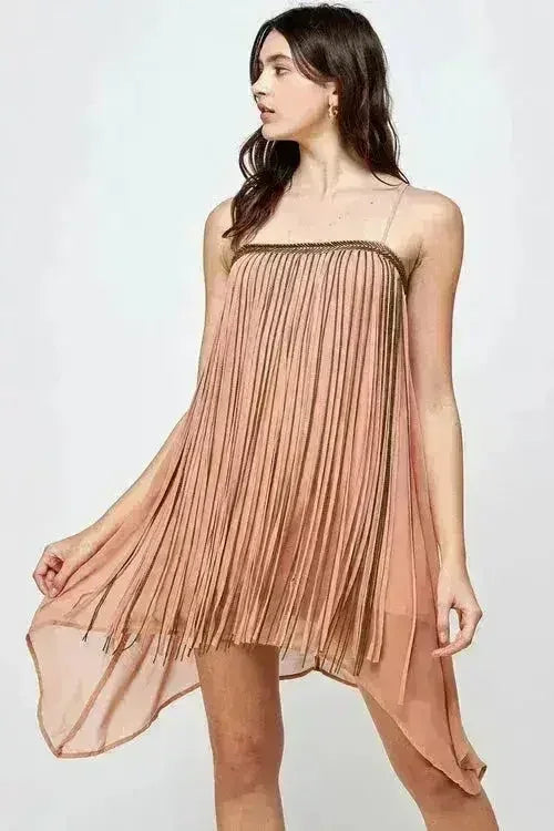 Flowy Sleeveless Mini Dress with Metallic Accents