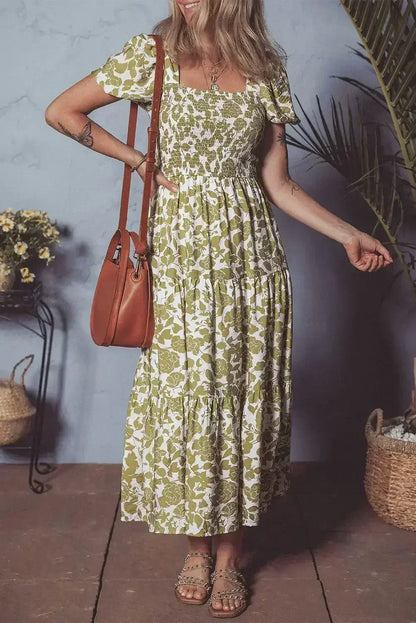 Yellow Boho Floral Print Square Neck Puff Sleeve Tiered Maxi Dress
