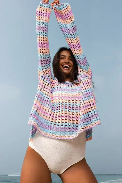 Purple Striped Hollow Knit Summer Beach Cover Up