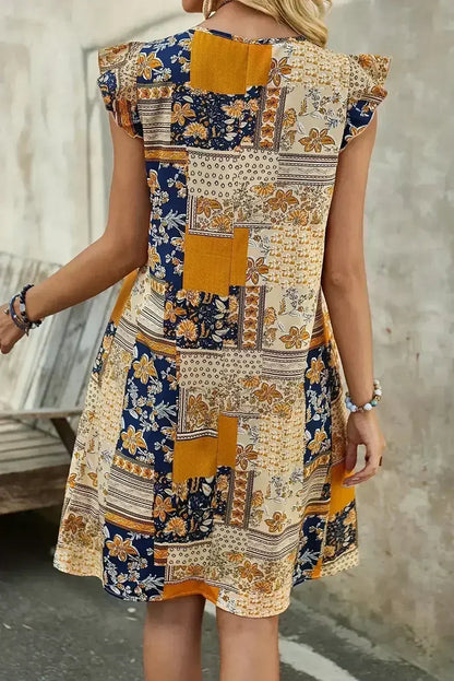 Multicolour Boho Floral Pleated Sleeveless Mini Dress