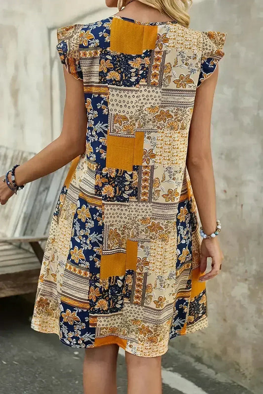 Multicolour Boho Floral Pleated Sleeveless Mini Dress