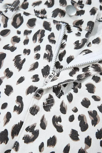White Leopard Frayed Hem Denim Shorts