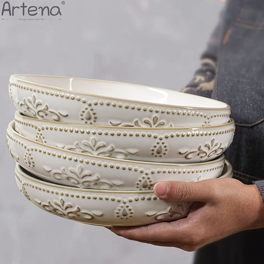 Artena Embossed Damask 24cm Large Ceramic Pasta Bowl | Kitchen + Metal