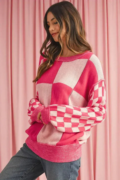 Rose Red Checkered Drop Sleeve Knit Sweater