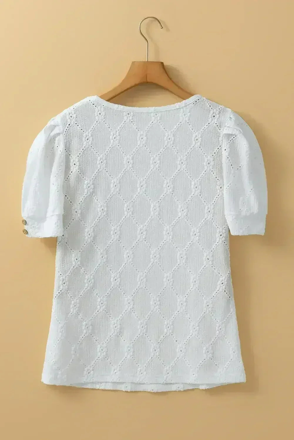 White Embroidered Floral Geometric Button Short Sleeve Top | Femstylo