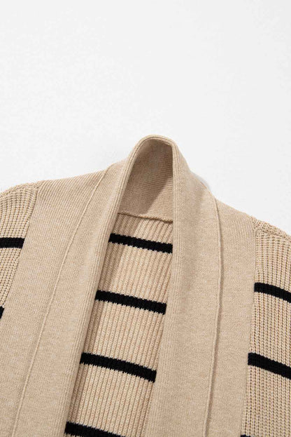Black Stripe Cardigan with Side Pockets and Open Front