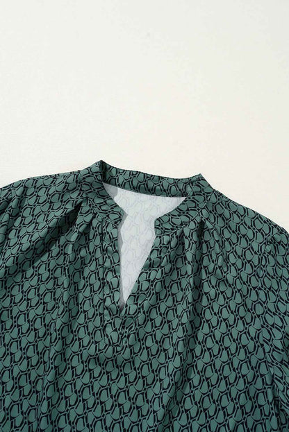 Green Geometric Print Blouse with Notched Neck and Long Sleeves
