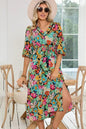 Green Boho Floral Puff Sleeve V Neck Tassel Drawstring Midi Dress