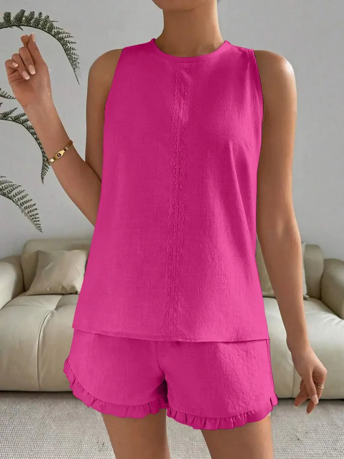 Lace Detail Round Neck Shorts Set for Women