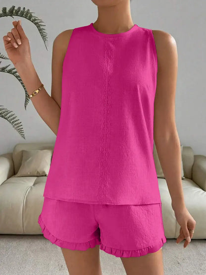 Lace Detail Round Neck Shorts Set for Women
