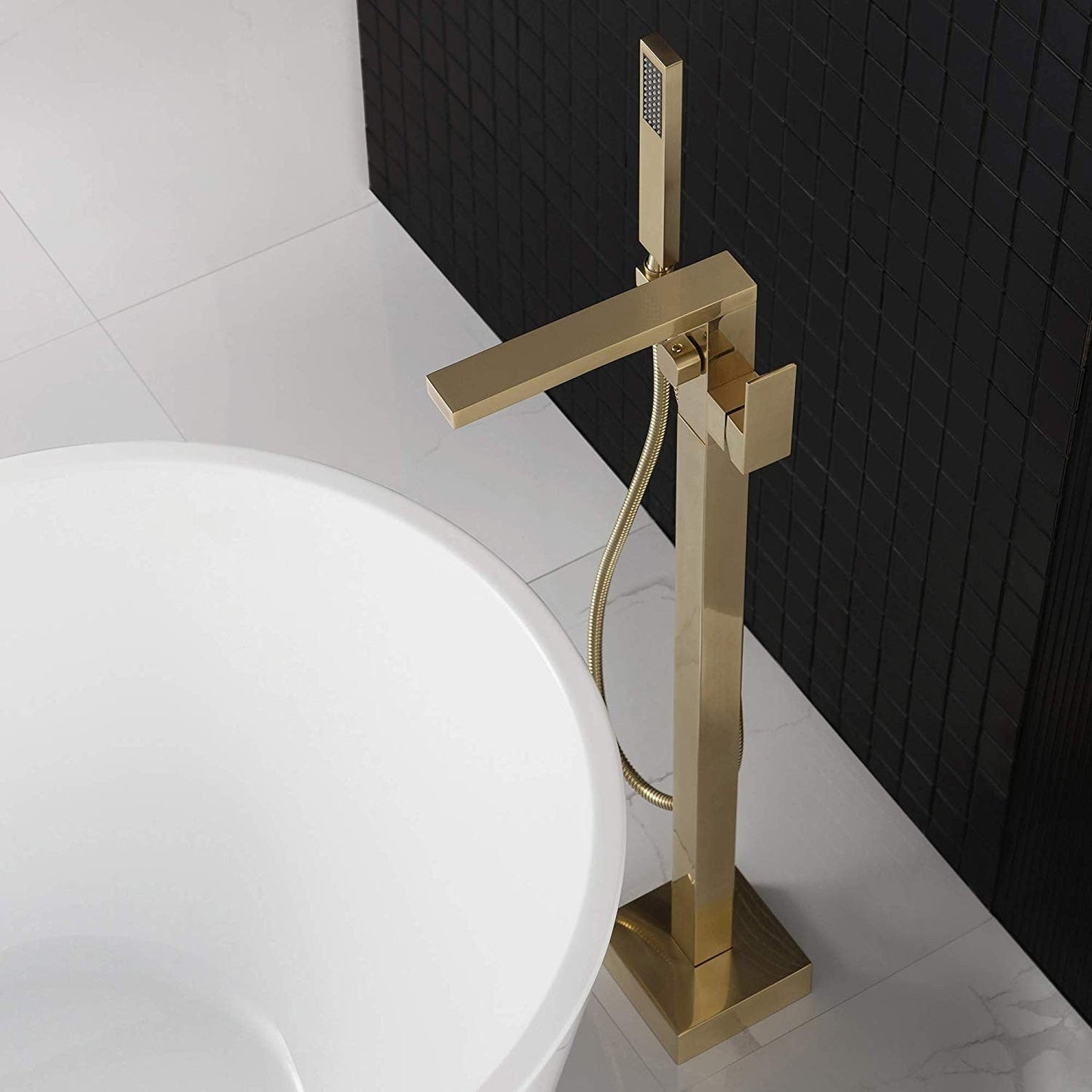 WOODBRIDGE F0003BN Contemporary Single Handle Floor Mount Freestanding Tub Filler Faucet with Hand shower