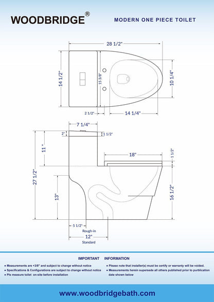 WOODBRIDGE T-0019, Dual Flush Elongated One Piece Toilet with Soft Closing Seat, Chair Height, Water Sense, High-Efficiency, Rectangle Button