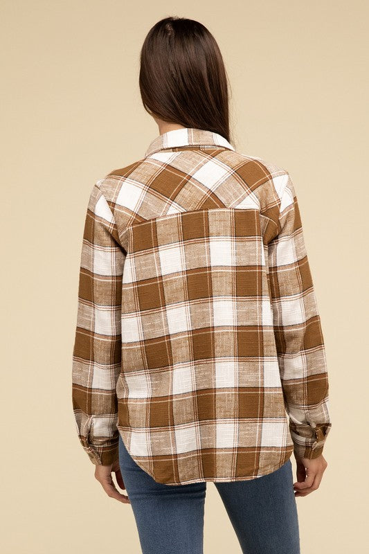 ZENANA Cotton Plaid Shacket With Front Pocket