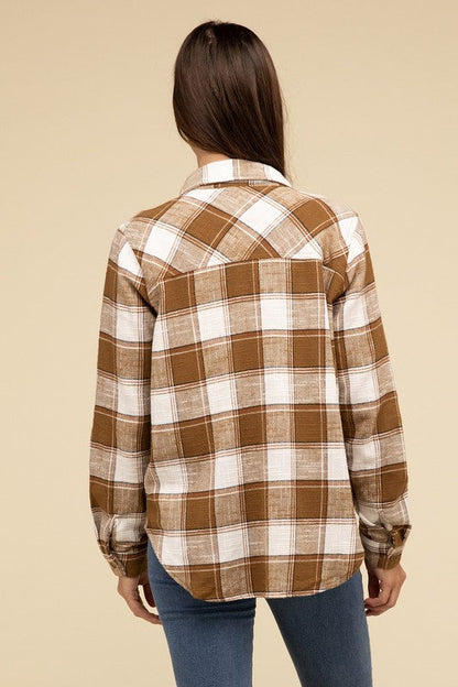 ZENANA Cotton Plaid Shacket With Front Pocket