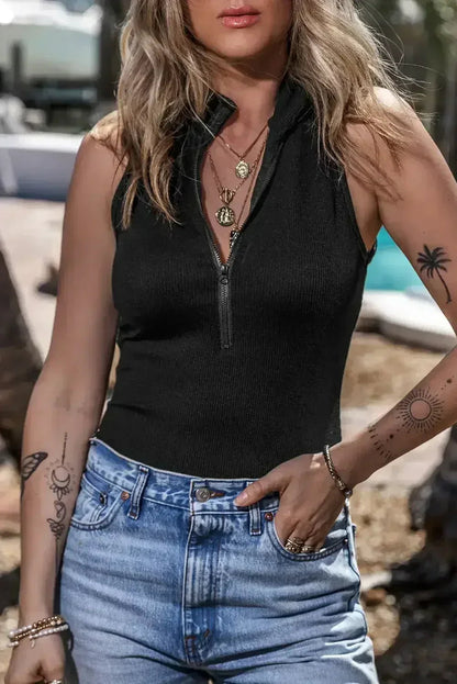 Ribbed Sleeveless Bodysuit with Mock Neck & Zip - Femstylo