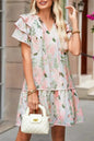 Sky Blue Floral Contrast Edge Ruffle Sleeve Tie Neck Mini Dress