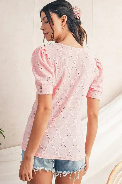 White Embroidered Floral Geometric Button Short Sleeve Top | Femstylo