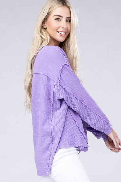 ZENANA Double Gauze Oversized 3/4 Button Henley Neck Top