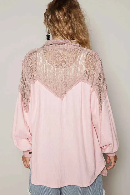 POL Lace Patchwork Shacket - Stylish Button-Up Layer Piece