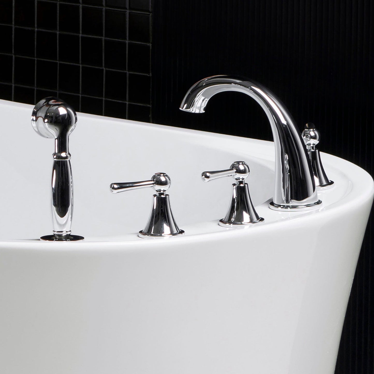 WOODBRIDGE Widespread Deck Mouted 5-Piece Roman Tub Filler with Hand Shower and Metal Lever Handle