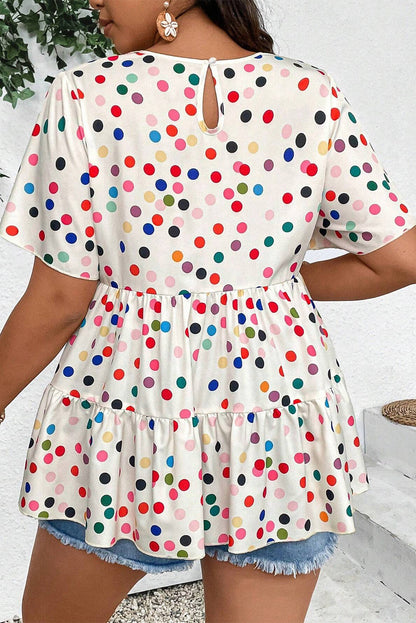 Beige Colorful Polka Dot Print Ruffle Plus Size Babydoll Blouse