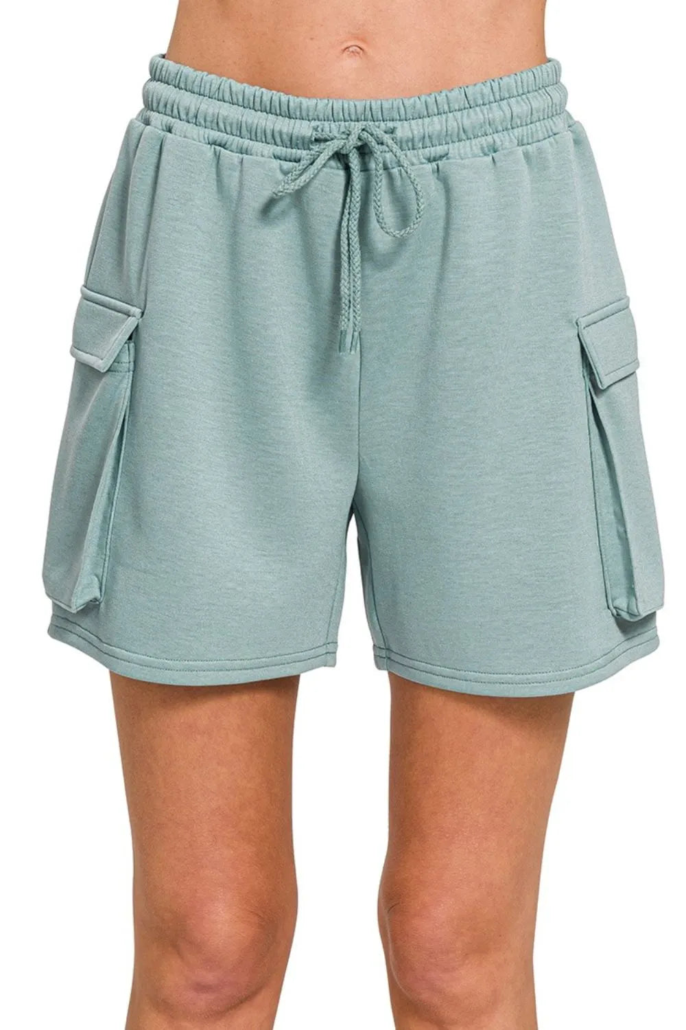 Zenana Scuba Thigh Pocket Shorts in Blue Grey