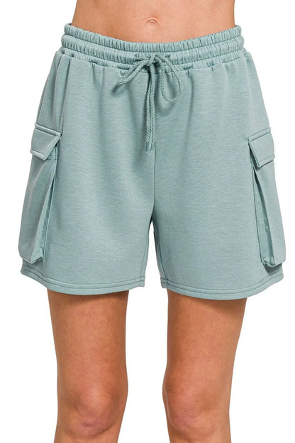 Zenana Scuba Thigh Pocket Shorts in Blue Grey