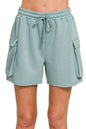 Zenana Scuba Thigh Pocket Shorts in Blue Grey