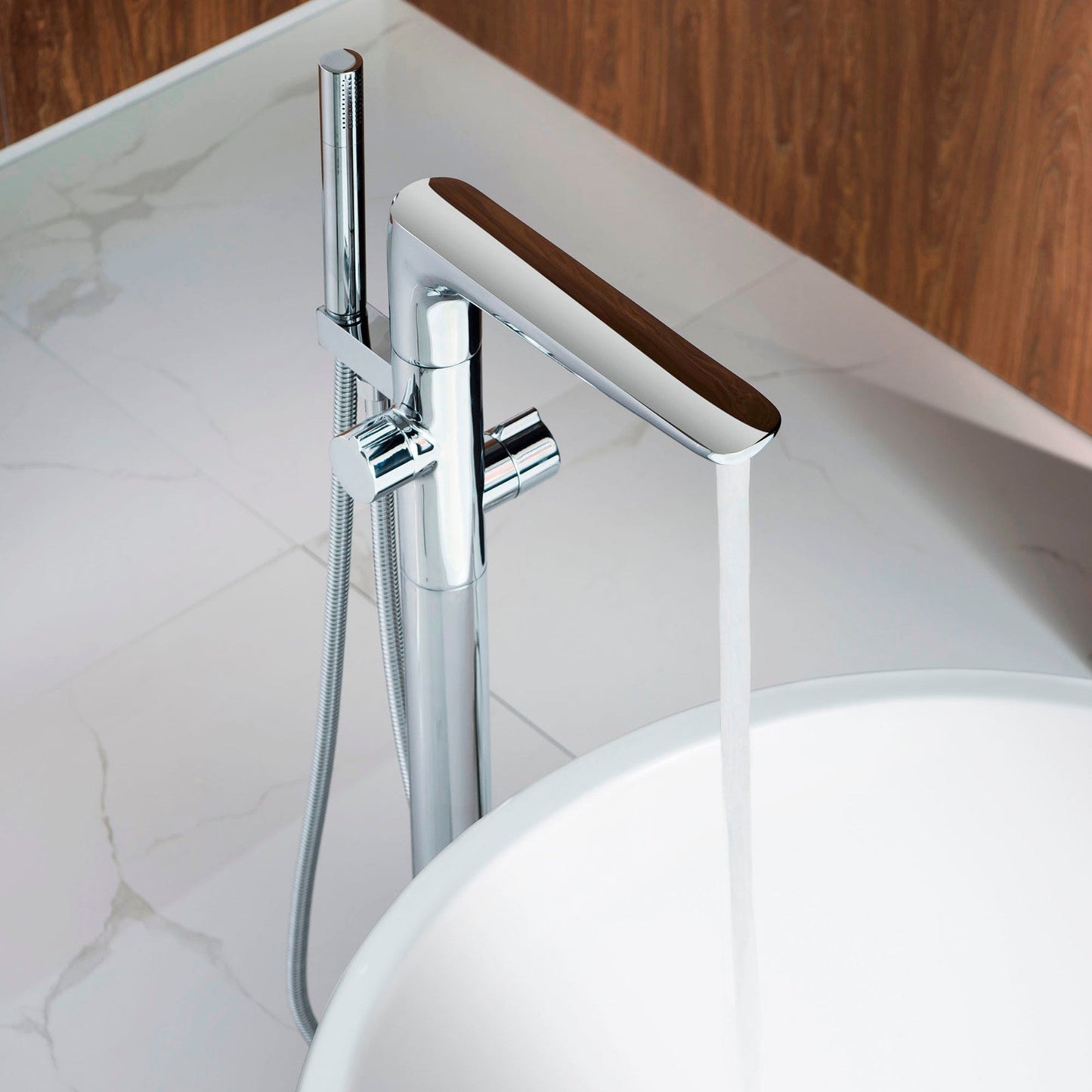 WOODBRIDGE F0014BN Contemporary Single Handle Floor Mount Freestanding Tub Filler Faucet with Hand shower