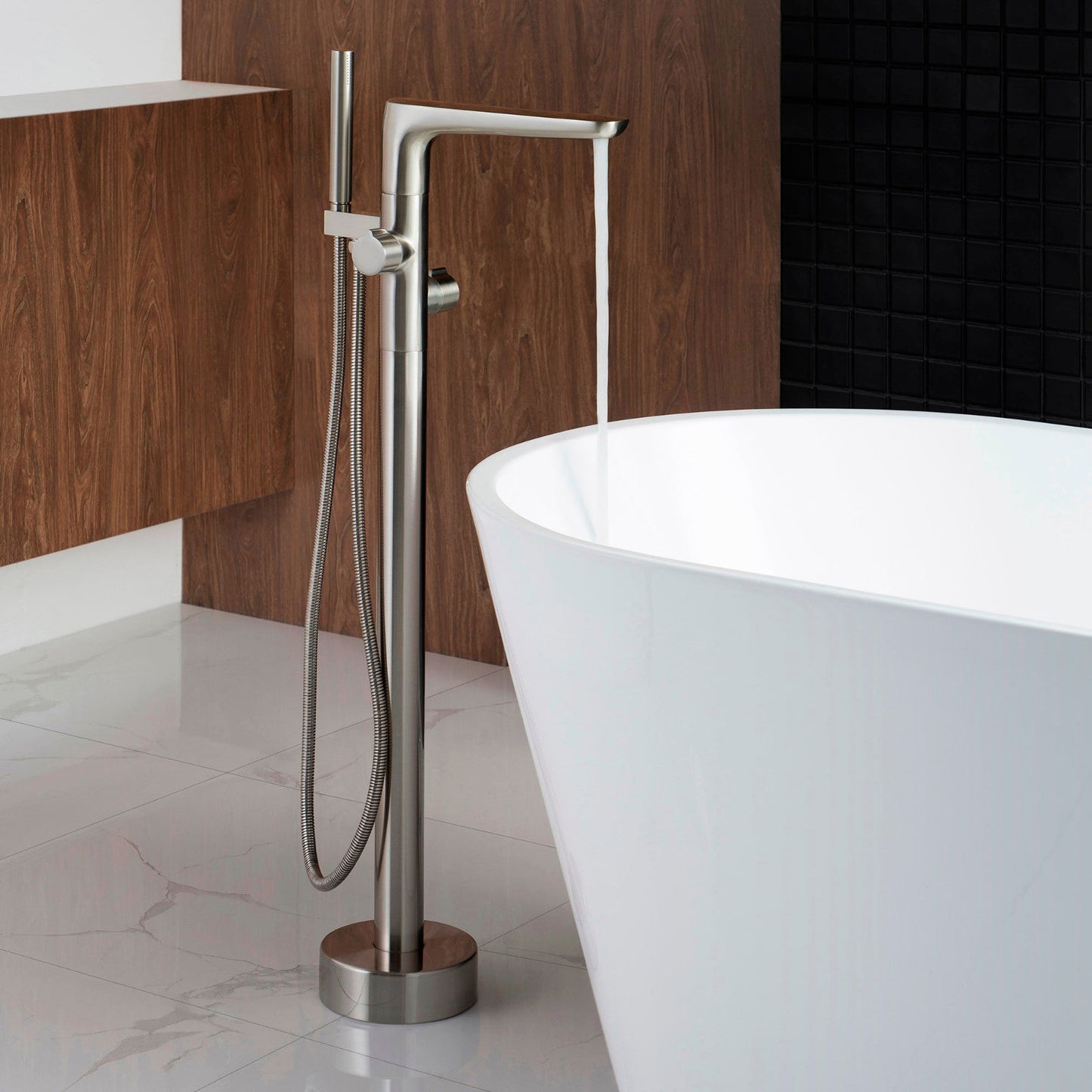 WOODBRIDGE F0014BN Contemporary Single Handle Floor Mount Freestanding Tub Filler Faucet with Hand shower
