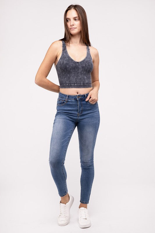 ZENANA Washed Ribbed Cropped V-Neck Tank Top