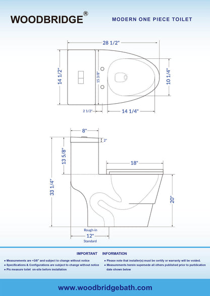 WOODBRIDGE One Piece Dual Flush 1.0/1.6 Gpf,with Soft Closing Seat, White, Elongated Toilet, Convenient 20" Seating Height
