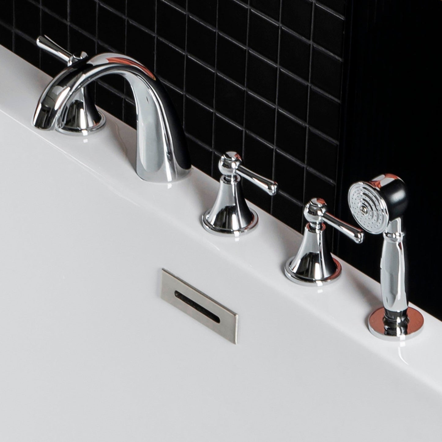 WOODBRIDGE Widespread Deck Mouted 5-Piece Roman Tub Filler with Hand Shower and Metal Lever Handle