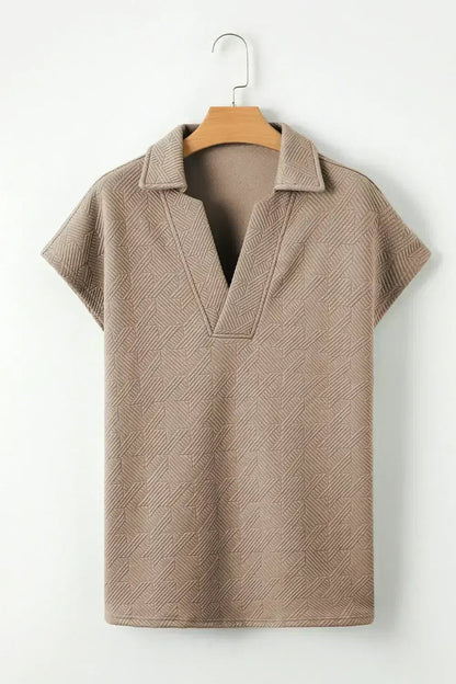 White Textured V Neck Collared Split Hem T Shirt