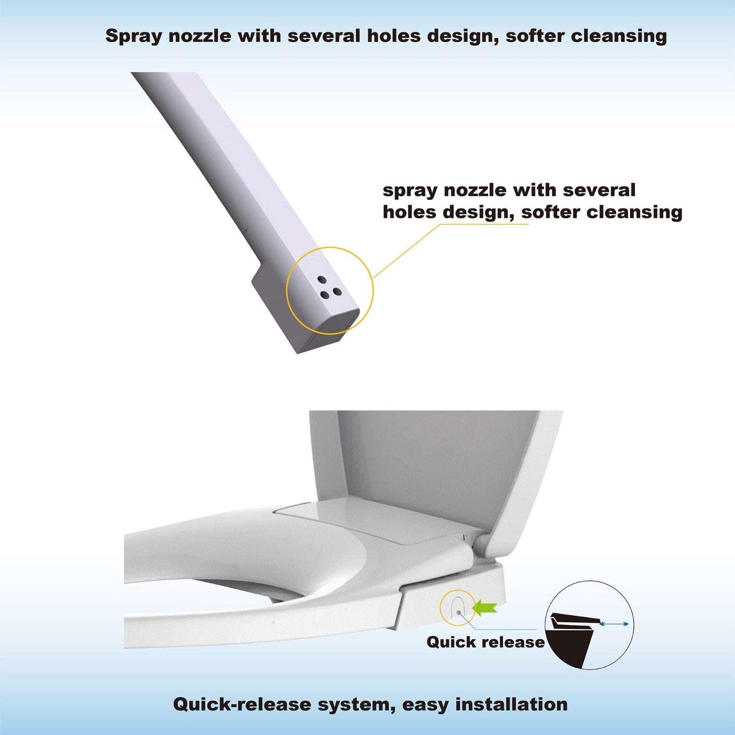 WOODBRIDGE Elongated No Electricity Toilet Seat with Metal T Adapter , Adjustable Water Pressure Spray