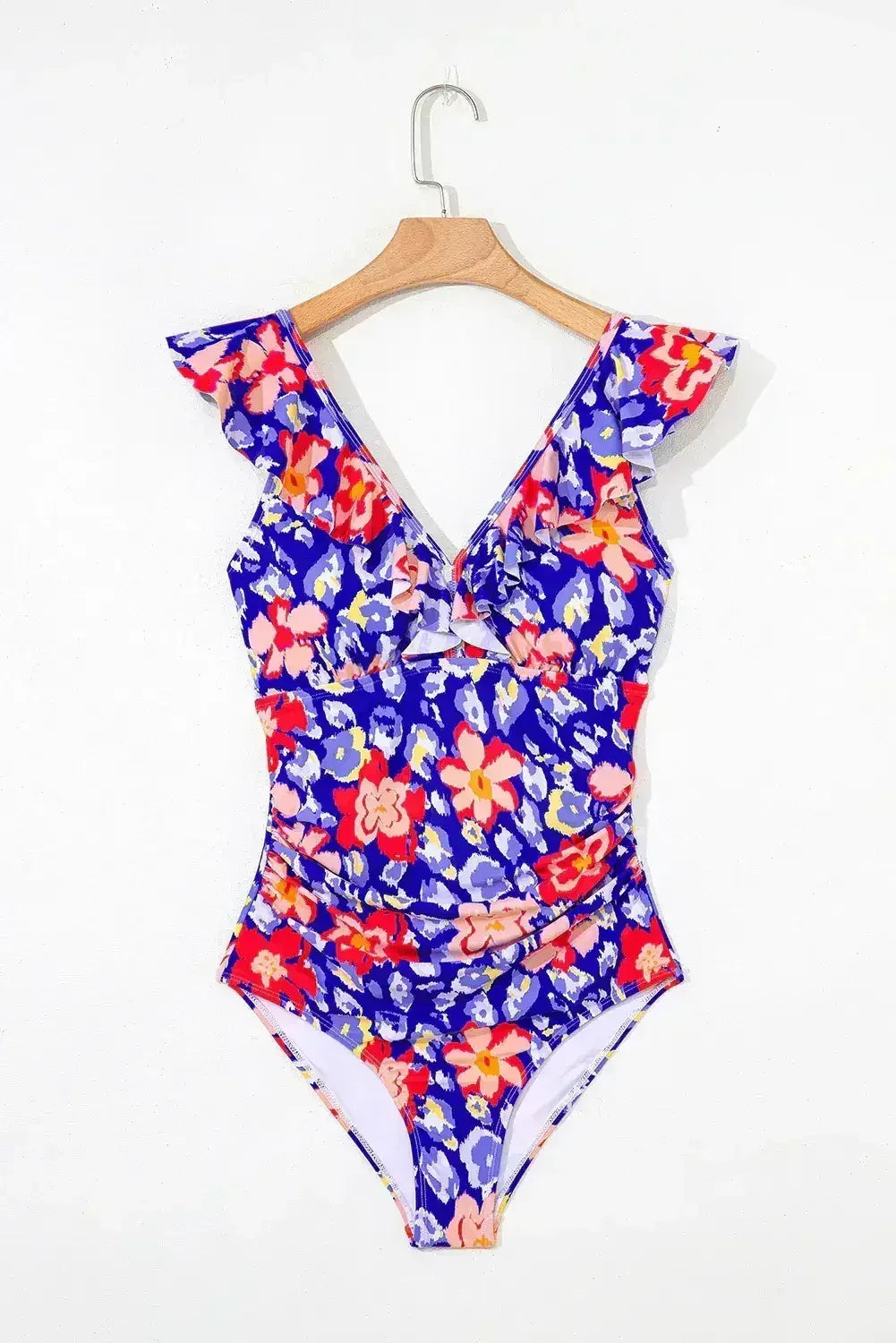 Pink Floral Ruffle Trim V Neck Backless One Piece Swimsuit