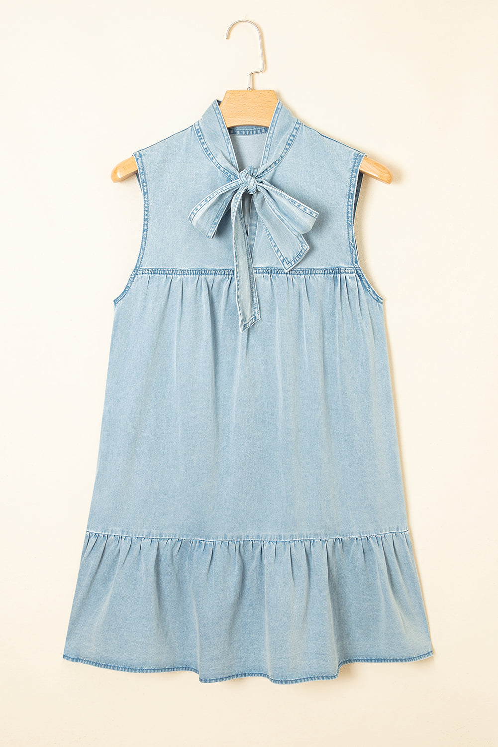 Beau Blue Bowknot Neck Ruffle Sleeveless Mini Dress
