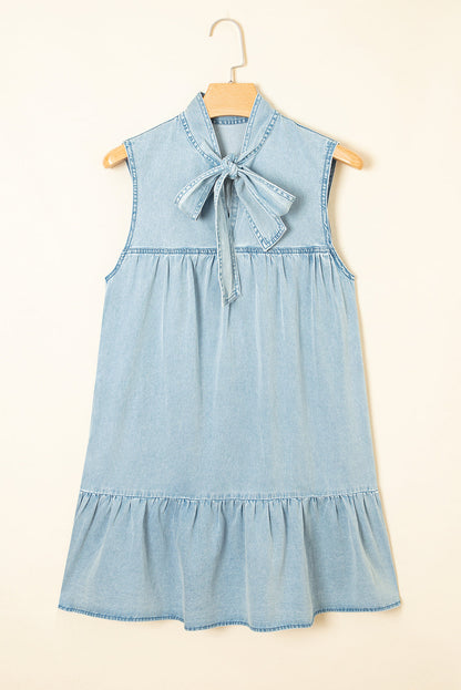 Beau Blue Bowknot Neck Ruffle Sleeveless Mini Dress