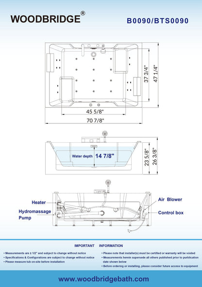WOODBRIDGE 2 Person Freestanding Massage Hydrotherapy Bathtub