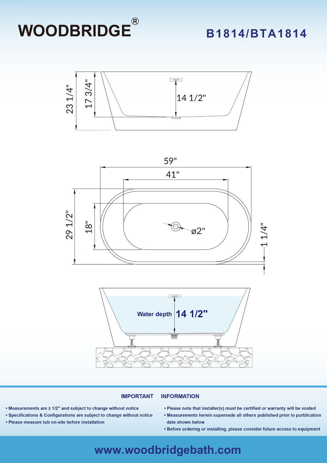 WOODBRIDGE B-1814 59" Acrylic Freestanding Bathtub Contemporary Soaking Tub