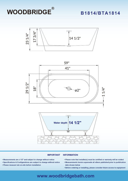 WOODBRIDGE B-1814 59" Acrylic Freestanding Bathtub Contemporary Soaking Tub