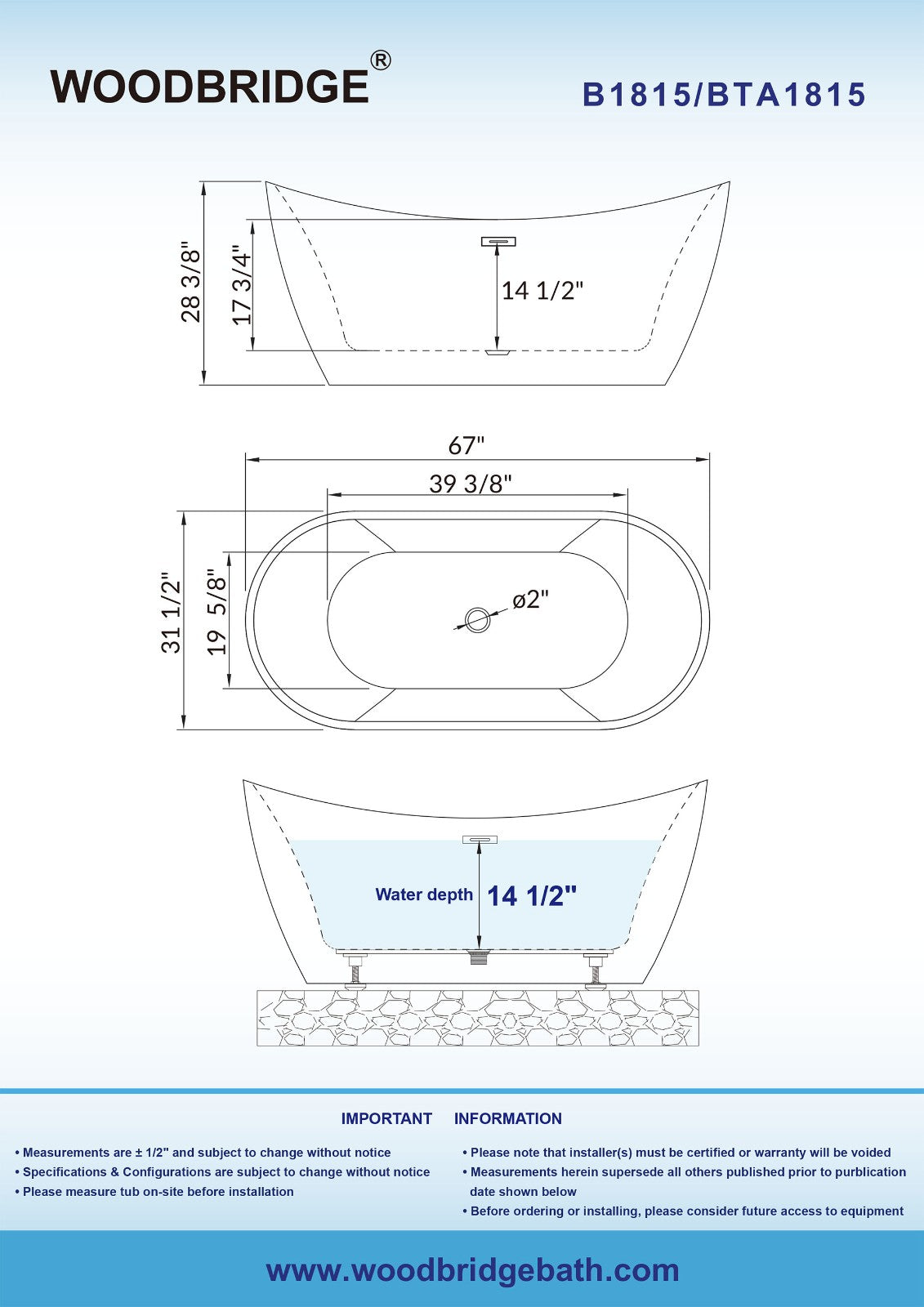 WOODBRIDGE B-1815 67" Acrylic Freestanding Bathtub Contemporary Soaking Tub