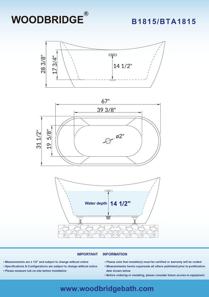 WOODBRIDGE B-1815 67" Acrylic Freestanding Bathtub Contemporary Soaking Tub