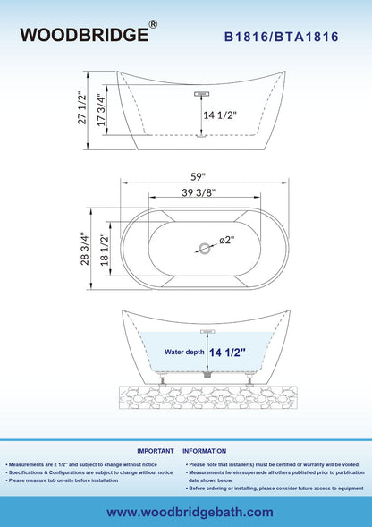 WOODBRIDGE B-1816 59" Acrylic Freestanding Bathtub Contemporary Soaking Tub