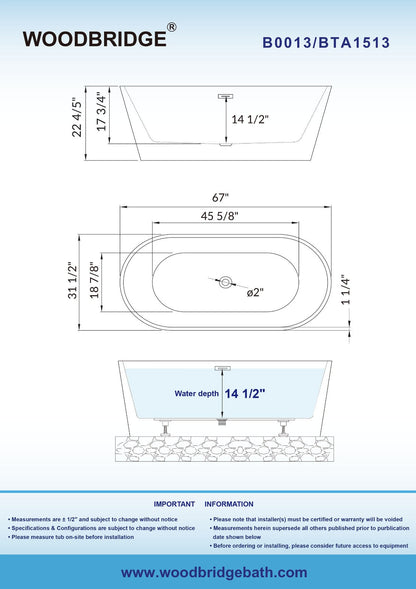WOODBRIDGE 67" Acrylic Freestanding Bathtub Contemporary Soaking Tub