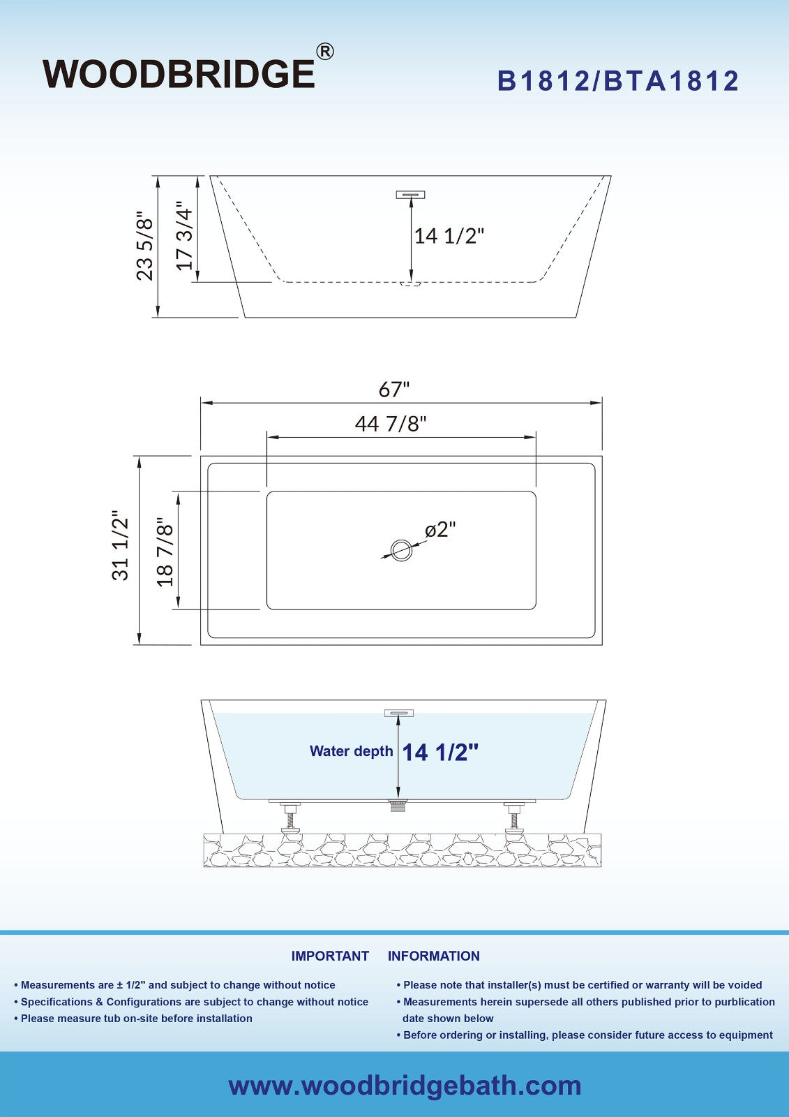 WOODBRIDGE 67" Acrylic Freestanding Bathtub Contemporary Soaking Tub