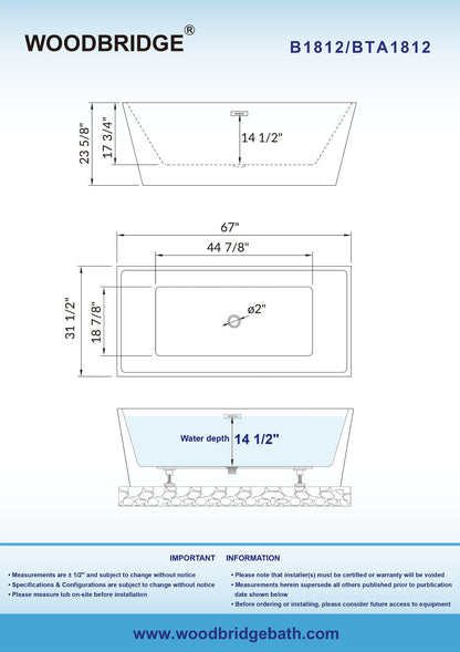 WOODBRIDGE 67" Acrylic Freestanding Bathtub Contemporary Soaking Tub