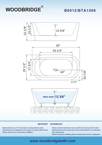 WOODBRIDGE 59" Acrylic Freestanding Bathtub Contemporary Soaking Tub