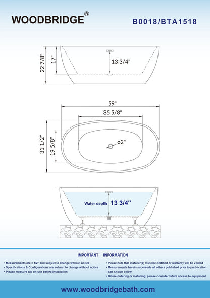 WOODBRIDGE 59" Acrylic Freestanding Bathtub Contemporary Soaking Tub