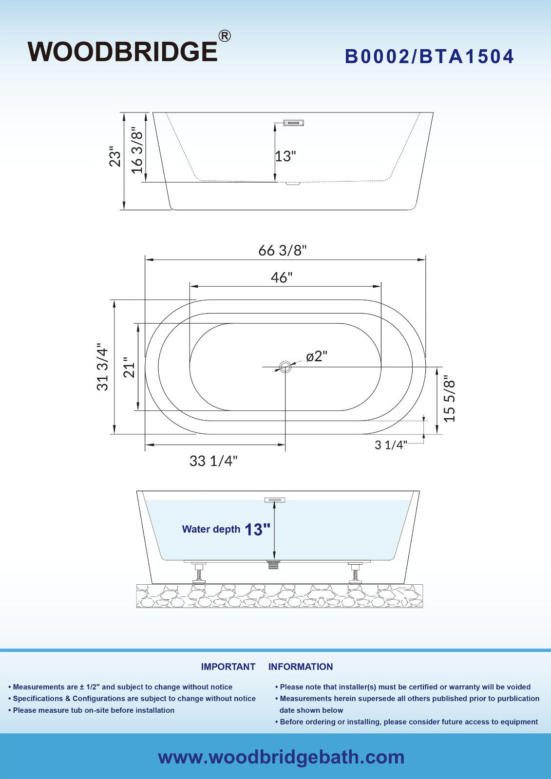 WOODBRIDGE 66" Acrylic Freestanding Bathtub Contemporary Soaking Tub